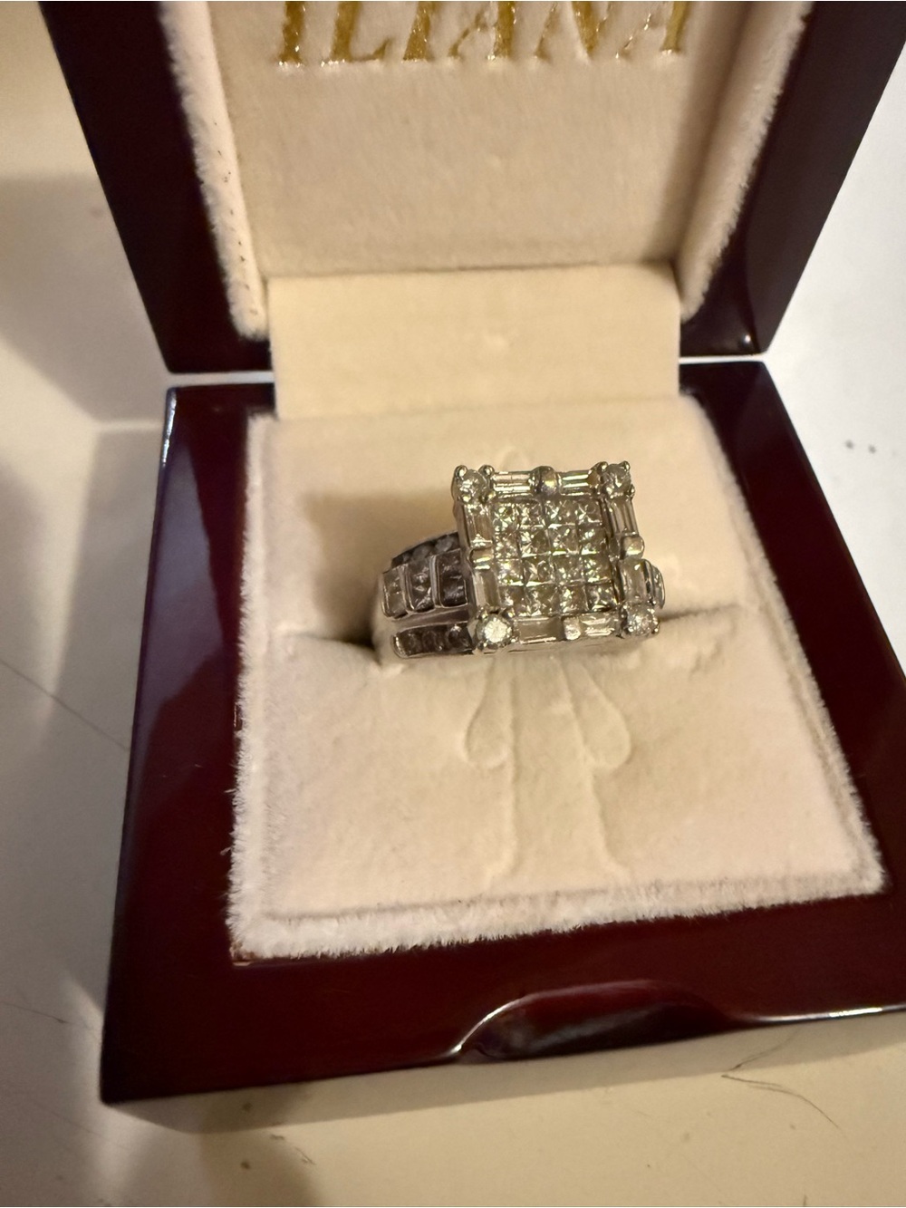 14k White Gold Ring Diamond Cluster With Baguettes Emerald Cut - White - Picture 5 of 10